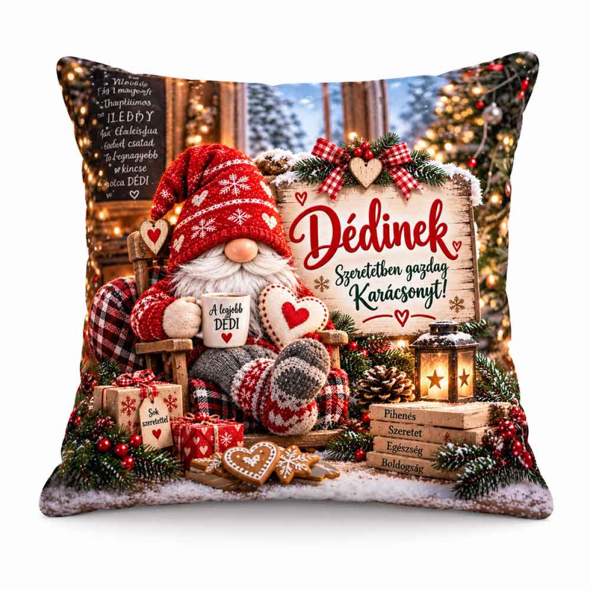 (NNP225) Karácsonyi Nagy Plüss Párna Dédipapának 45x45cm - Szeretetben Gazdag Karácsonyt! Gnóm Manós Mintával