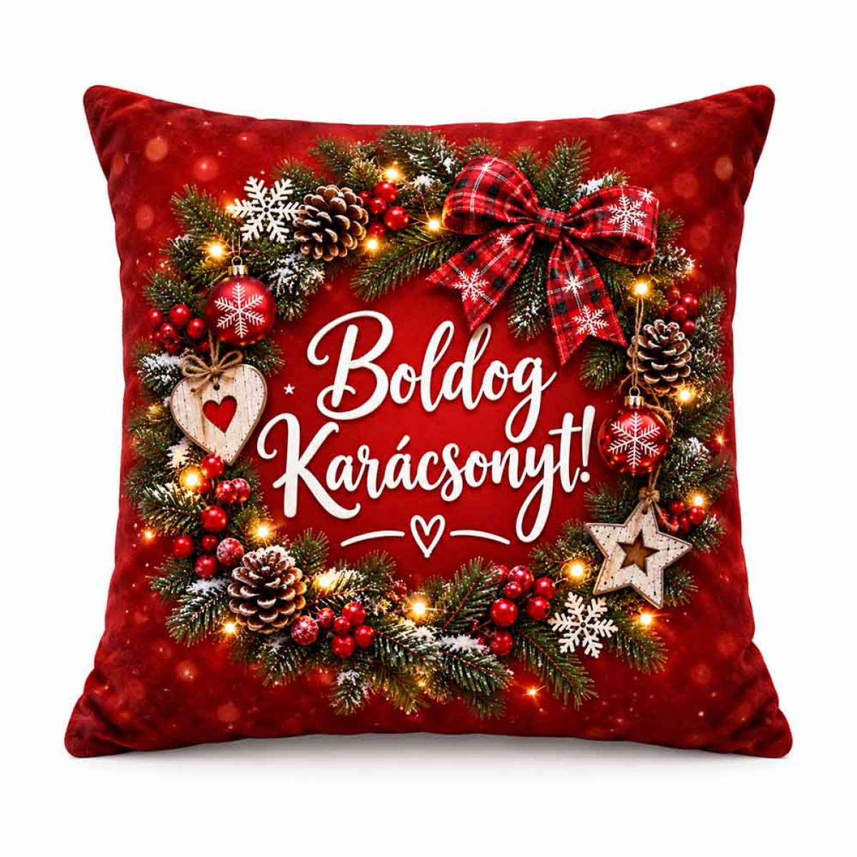 (NNP227) Karácsonyi Nagy Plüss Párna 45x45cm - Boldog Karácsonyt! Piros Ünnepi Mintával