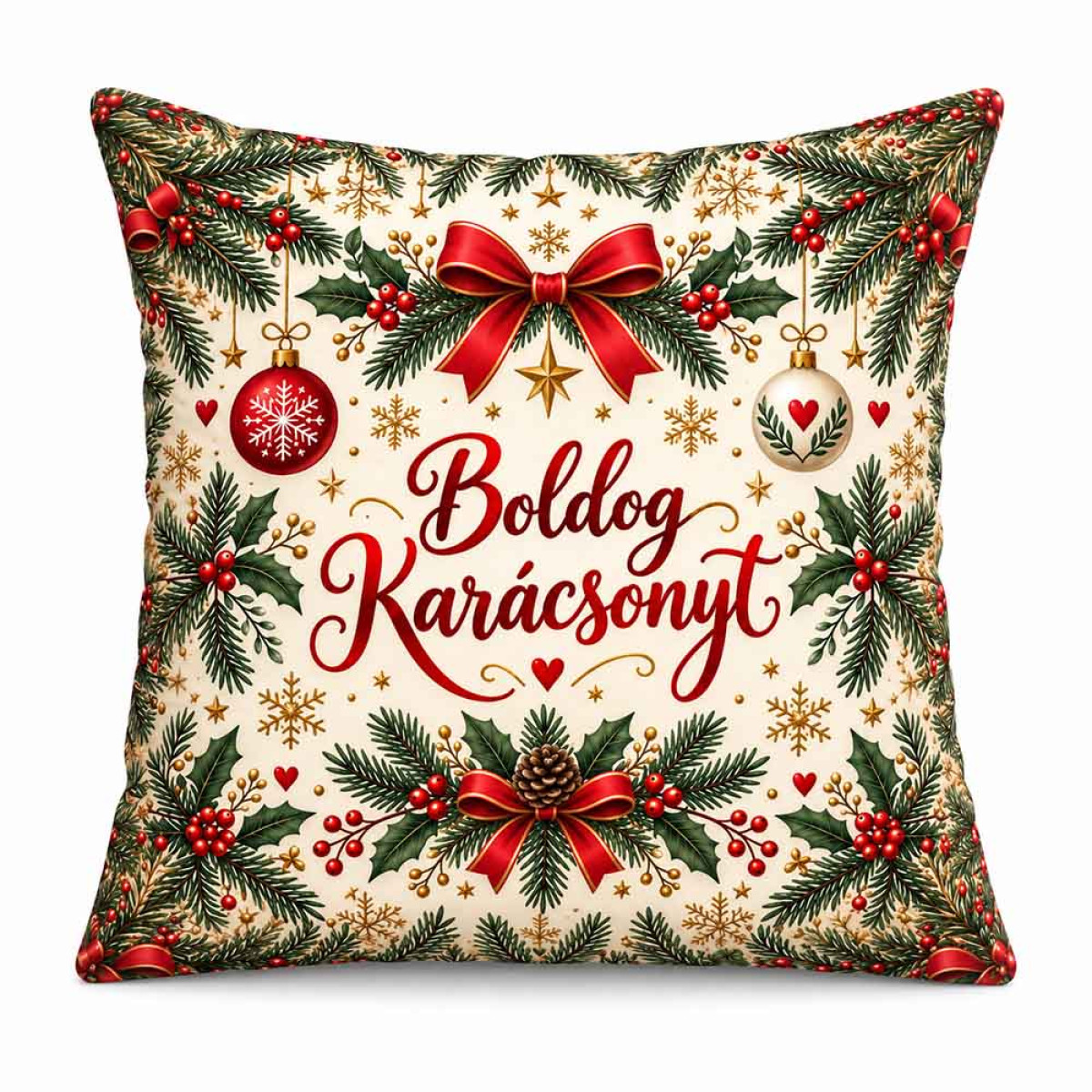 (NNP228) Karácsonyi Nagy Plüss Párna 45x45cm - Boldog Karácsonyt! Világos Ünnepi Mintával