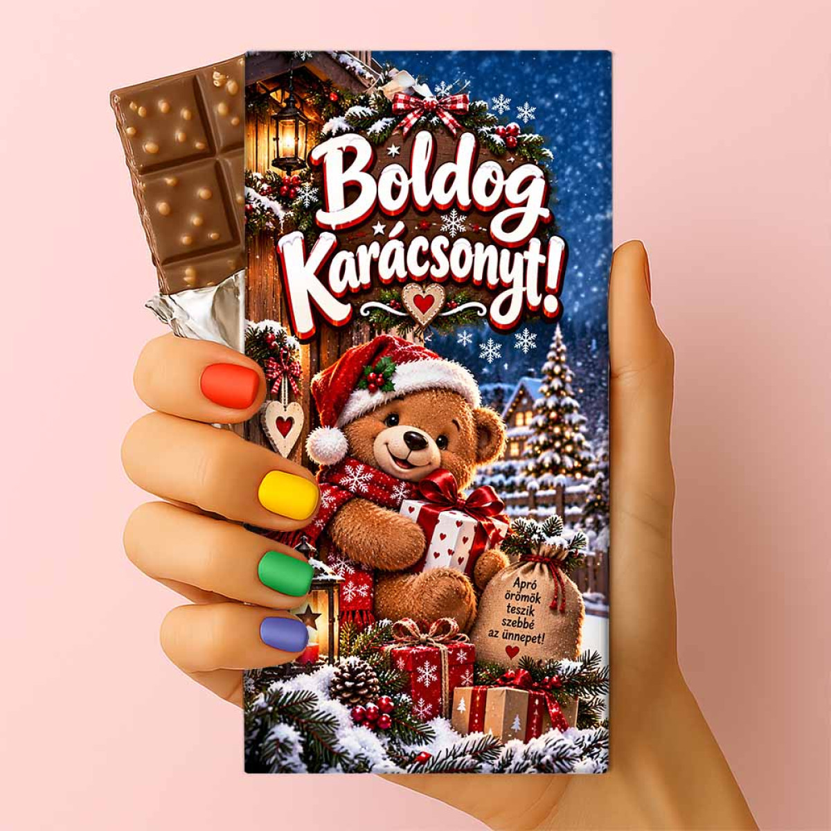 Csoda Csoki - Feliratos Csokoládé - Boldog Karácsonyt! Macis Apró Örömök Mintával - Karácsonyi Csoki - Rizses Csokoládé 75 g