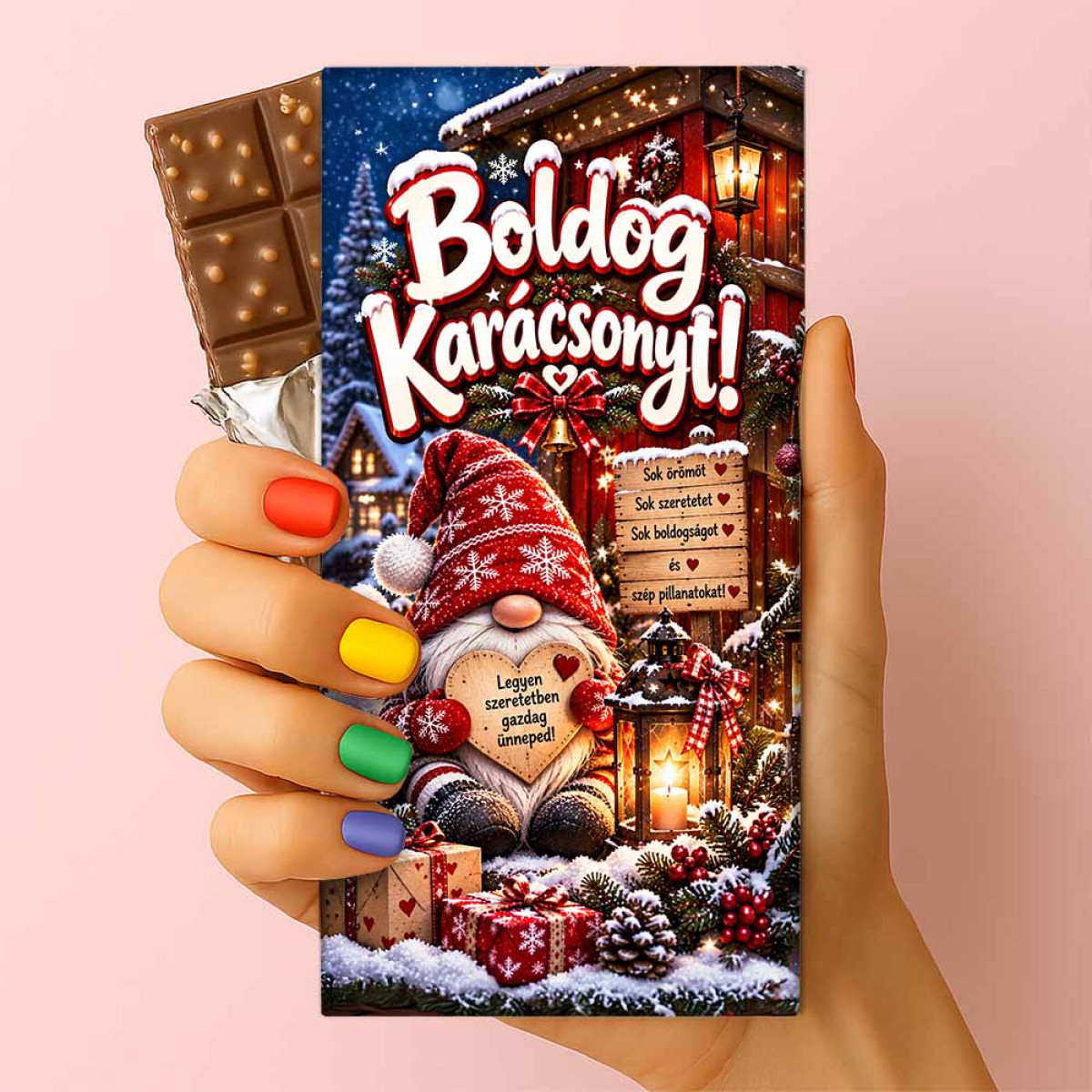 Csoda Csoki - Feliratos Csokoládé - Boldog Karácsonyt! Gnóm Manós Szeretetben Gazdag Ünnepet Mintával - Karácsonyi Csoki - Rizses Csokoládé 75 g