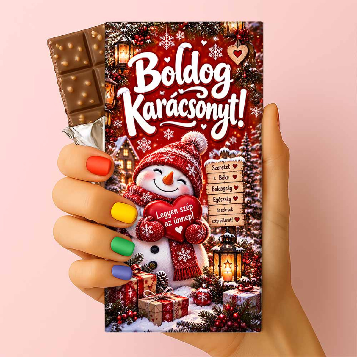 Csoda Csoki - Feliratos Csokoládé - Boldog Karácsonyt! Hóemberes „Legyen Szép az Ünnep!” Mintával - Karácsonyi Csoki - Rizses Csokoládé 75 g