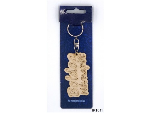 (IKT011) Gravírozott Fa Kulcstartó 4 cm x 7 cm - Boldog névnapot – Névnapi ajándékok