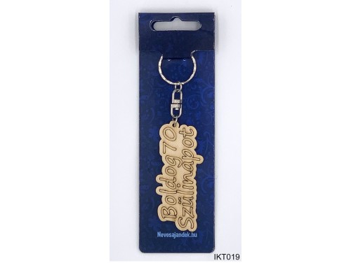 (IKT019) Gravírozott Fa Kulcstartó 4 cm x 7 cm - Boldog 70. szülinapot - Szülinapi ajándékok