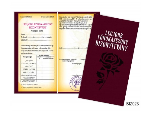 (BIZ023) Bizonyítvány - Legjobb főnökasszony bizonyítvány - Ajándék főnökasszonynak