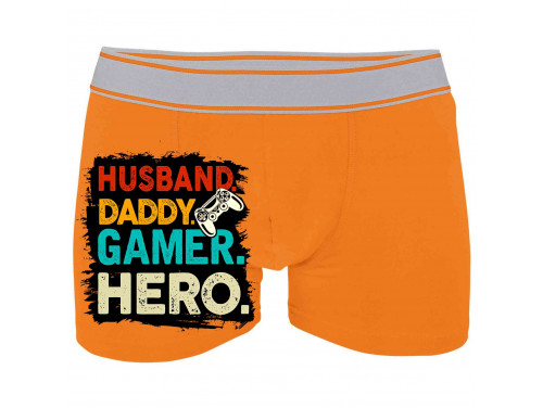 Vicces Boxeralsó - Husband, Daddy, Gamer, Hero - Férfi Alsónadrág - Ajándék Férfiaknak - Ajándék Apának