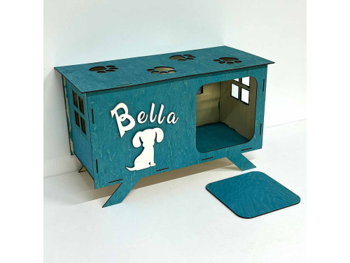 Kutyaház - Kutyabútor - Türkiz, Fehér Felirattal kérhető - Egyedi Ajándék Kis Testű Kutyáknak