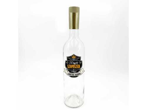 (BUA091) Borosüveg Arany Kupakkal - 750 ml - A Legjobb Szomszéd felirattal - Átlátszó Boros palack - Ajándék Szomszédnak