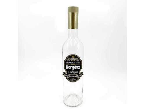 (BUA098) Borosüveg Arany Kupakkal - 750 ml - Legnagyszerűbb Horgász felirattal - Átlátszó Boros palack - Ajándék Horgásznak