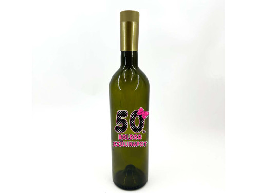 (BUZ015) Borosüveg - 750 ml - Boldog 50. Szülinapot felirattal - Masnis - Zöld Boros Palack - Ajándék 50. Szülinapra