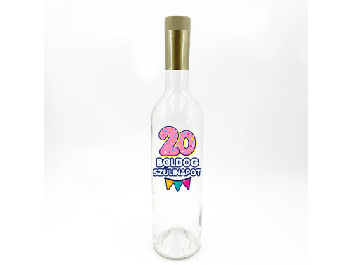 (BUA168) Borosüveg - 750 ml - 20 Boldog Szülinapot - Átlátszó Boros Palack - Ajándék 20. Szülinapra - Vidám Szülinapi Ajándék