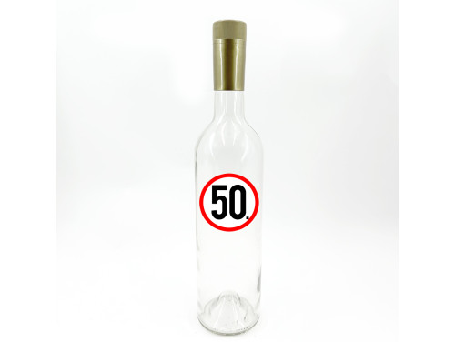 (BUA048) Borosüveg - Átlátszó Boros Palack - 750 ml - 50 Karikás - Ajándék 50. Szülinapra