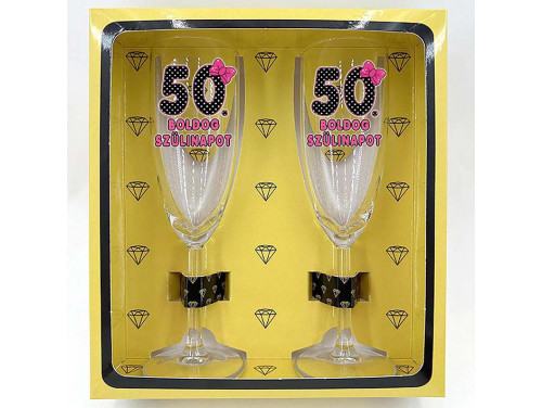 (PPP015) Boldog 50. Szülinapot feliratos masnis mintával - Páros Pezsgőspohár Szett - Ajándék 50. Szülinapra