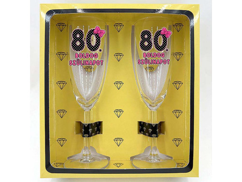 (PPP018) Boldog 80. Szülinapot feliratos masnis mintával - Páros Pezsgőspohár Szett - Ajándék 80. Szülinapra