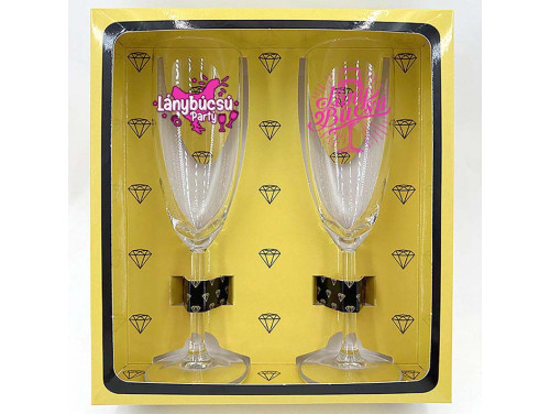 (PPP036-041) Lánybúcsú Party és Lánybúcsú feliratos poharas mintával  - Páros Pezsgőspohár Szett - Ajándék Lánybúcsúra - Lánybúcsús Party Kellék