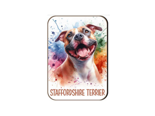 (FH058) Staffordshire Terrier - barna - fehér - Fa Hűtőmágnes - Kutyás Ajándékok - Kutyás Hűtőmágnes - Ajándék Kutyatulajdonosoknak