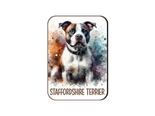 (FH059) Staffordshire Terrier - barna - fehér - szürke - Fa Hűtőmágnes - Kutyás Ajándékok - Kutyás Hűtőmágnes - Ajándék Kutyatulajdonosoknak