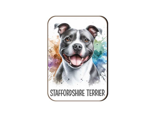 (FH061) Staffordshire Terrier - szürke - fehér - Fa Hűtőmágnes - Kutyás Ajándékok - Kutyás Hűtőmágnes - Ajándék Kutyatulajdonosoknak