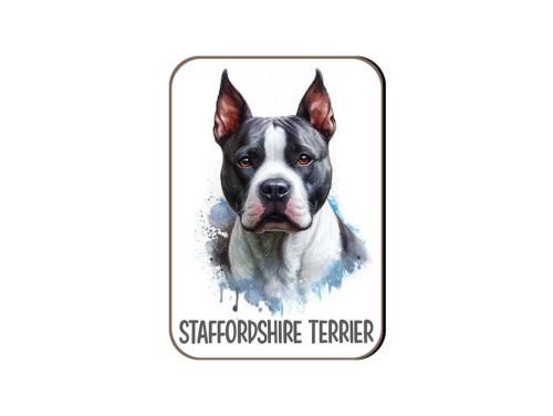 (FH062) Staffordshire Terrier - szürke - fehér - álló fülü - Fa Hűtőmágnes - Kutyás Ajándékok - Kutyás Hűtőmágnes - Ajándék Kutyatulajdonosoknak