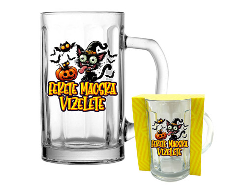 (VKNU318) Fekete macska vizelete - Vicces Söröskorsó, 5 dl - Halloweeni Söröskorsó - Halloween Kellék