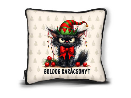 (DP138) Karácsonyi Díszpárna  26cm x 26cm - Boldog Karácsonyt Mérges Macska - Ajándék Karácsonyra