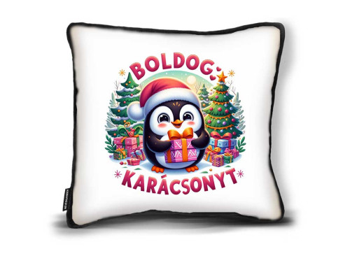 (DP139) Karácsonyi Díszpárna  26cm x 26cm - Boldog Karácsonyt Cuki Pingvin - Ajándék Karácsonyra