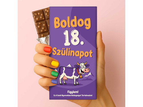 Csoda Csoki - Feliratos Csokoládé - Lila Tehenes Csoki - Boldog 18. Szülinapot - Rizses Tejcsokoládé 75 g - 18. Születésnapi Ajándék