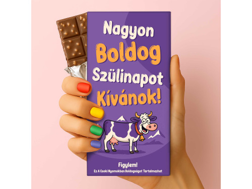 Csoda Csoki - Feliratos Csokoládé - Lila Tehenes Csoki - Nagyon Boldog Szülinapot Kívánok - Rizses Tejcsokoládé 75 g - Születésnapi Ajándék