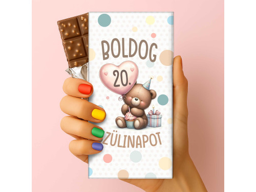 Csoda Csoki - Feliratos Csokoládé - Boldog 20. Szülinapot Macis Csoki - Rizses Tejcsokoládé 75 g - 20. Születésnapi Ajándék