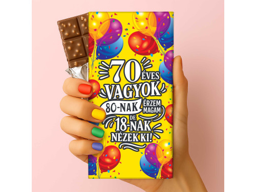 Csoda Csoki - Feliratos Csokoládé - 70 éves vagyok - Rizses Tejcsokoládé 75 g - 70. Születésnapi Ajándék
