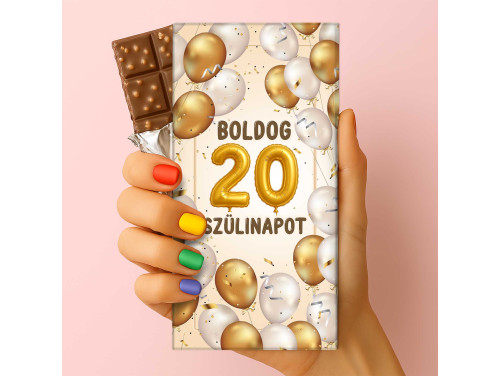 Csoda Csoki - Feliratos Csokoládé - Boldog 20 Szülinapot Lufis - Rizses Tejcsokoládé 75 g - 20. Születésnapi Ajándék