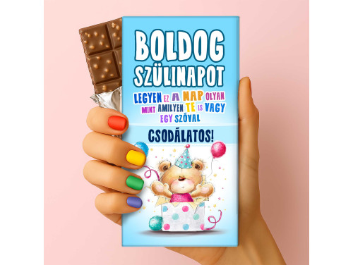 Csoda Csoki - Feliratos Csokoládé - Boldog Szülinapot Macis kék - Rizses Csokoládé 75 g - Születésnapi Ajándék