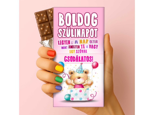 Csoda Csoki - Feliratos Csokoládé - Boldog Szülinapot Macis rózsaszín - Rizses Csokoládé 75 g - Születésnapi Ajándék