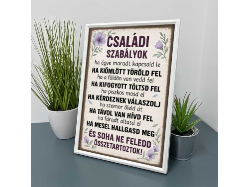 Vicces Kép Kerettel 21×30 cm – Családi Szabályok - Otthoni dekor és ajándék
