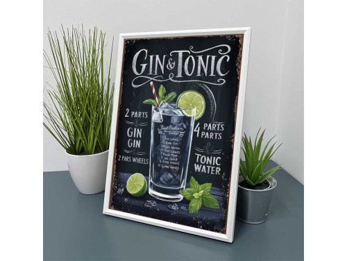 Vicces Kép Kerettel 21×30 cm – Gin & Tonic - Italrecept dekor konyhába, bárba