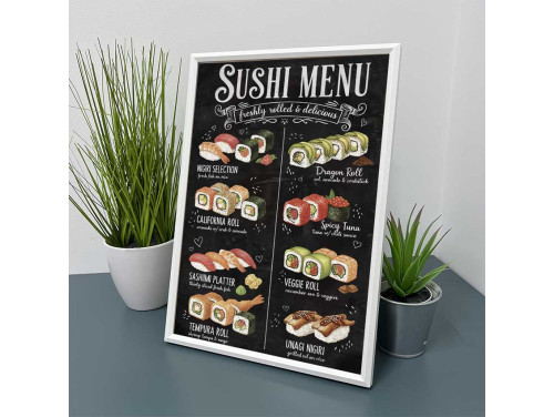 Vicces Kép Kerettel 21×30 cm – Sushi Menu - Japán sushi fajták dekoráció és ajándék