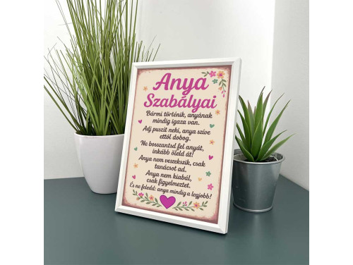 Vicces Kép Kerettel 13,5×18,5 cm – Anya Szabályai - Anyák napi ajándék, szívmelengető dekor Anyáknak