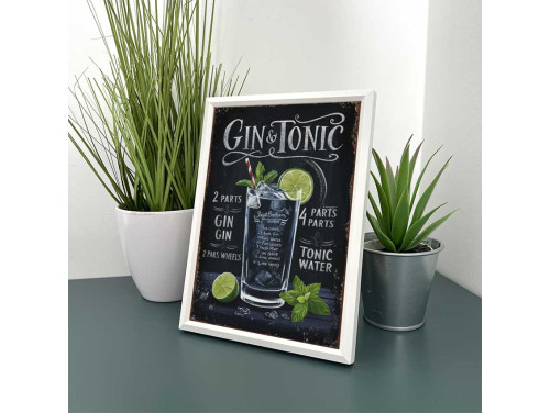 Vicces Kép Kerettel 13,5×18,5cm – Gin & Tonic - Italrecept dekor konyhába, bárba