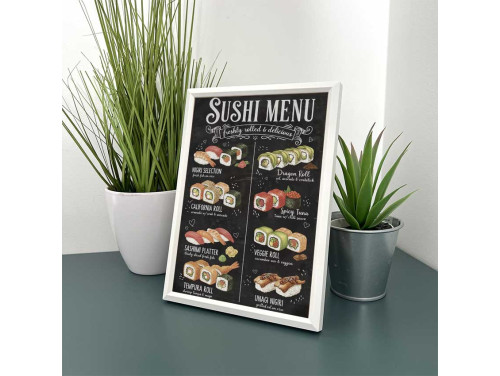 Vicces Kép Kerettel 13,5×18,5cm – Sushi Menu - Japán Sushi fajták dekoráció és ajándék