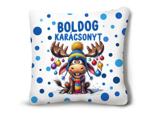 (NNP184) Nagy Négyzet Karácsonyi Plüss Párna 45 x45 cm - „Boldog Karácsonyt” felirattal fiú rénszarvasos - Karácsonyi Ajándék