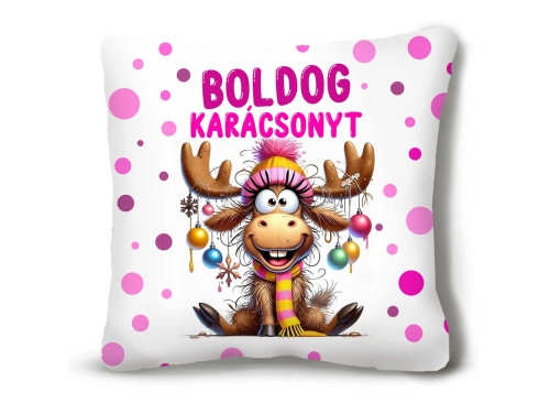 (NNP185) Nagy Négyzet Karácsonyi Plüss Párna 45 x45 cm - „Boldog Karácsonyt” felirattal lány rénszarvasos - Karácsonyi Ajándék