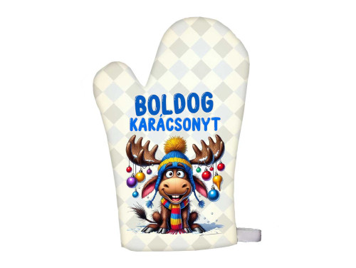 (FK066) Karácsonyi Főzőkesztyű - Boldog Karácsonyt Feliratú Fiús Rénszarvasos Főzőkesztyű