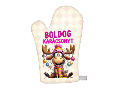 (FK067) Karácsonyi Főzőkesztyű - Boldog Karácsonyt Feliratú Lány Rénszarvasos Főzőkesztyű