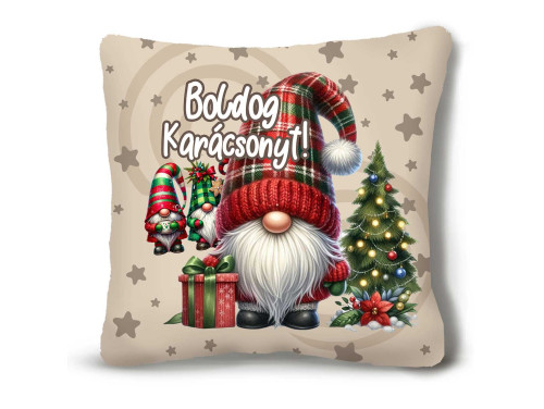 (NNP187) Nagy Négyzet Karácsonyi Plüss Párna 45 x45 cm - „Boldog Karácsonyt” felirattal Gnóme Manós Párna - Karácsonyi Ajándék
