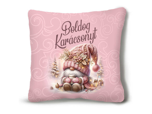 (NNP188) Nagy Négyzet Karácsonyi Plüss Párna 45 x45 cm - „Boldog Karácsonyt” felirattal Rózsaszín Gnóme Manós Párna - Karácsonyi Ajándék