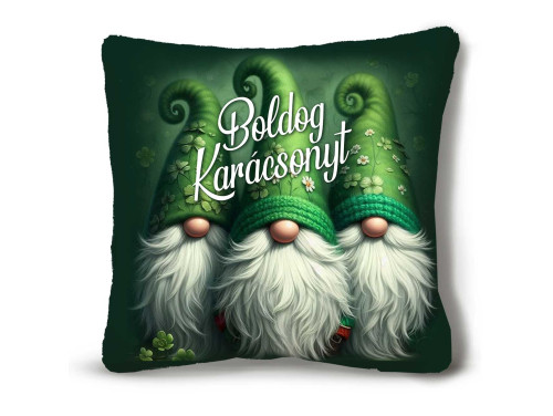 (NNP190) Nagy Négyzet Karácsonyi Plüss Párna 45 x45 cm - „Boldog Karácsonyt” felirattal Zöld Gnóme Manós Párna - Karácsonyi Ajándék