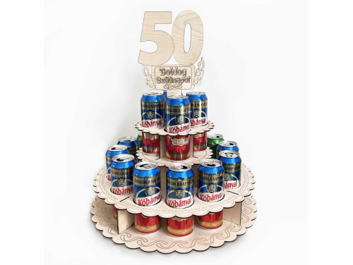 Sör Torta Fából Szülinapra - „50 Boldog Szülinapot” feliratú topperrel - 50. Születésnapi ajándék sörimádóknak