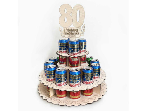 Sör Torta Fából Szülinapra - „80 Boldog Szülinapot” feliratú topperrel - 80. Születésnapi ajándék sörimádóknak