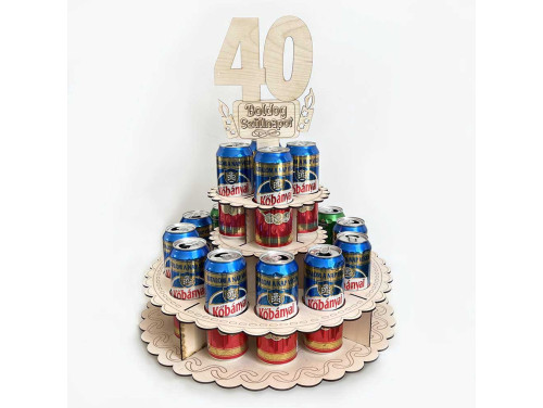 Sör Torta Fából Szülinapra - „40 Boldog Szülinapot” feliratú topperrel - 40. Születésnapi ajándék sörimádóknak