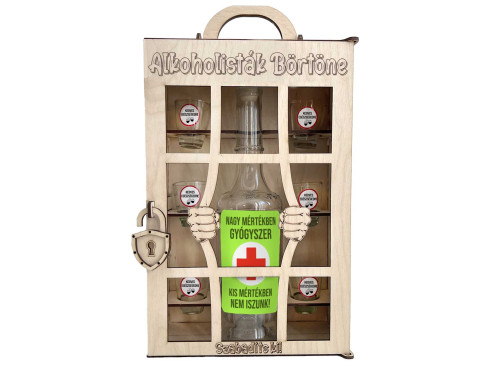 Börtönös Pálinkás Italos Szett - Alkoholisták Börtöne Italos Szett – Vicces Ajándék Pálinkás üveggel és Poharakkal Fa Börtön Díszdobozban